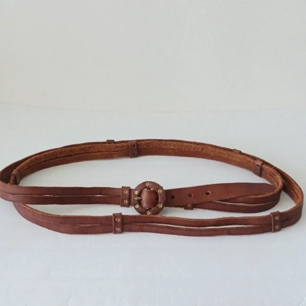 Vtg Unique Genuine Leather Double Hips Studded Belt Brown SZ. M-L